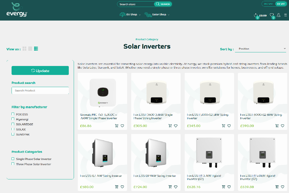 Screenshot of Evergy's solar inverter product category page showing a range of single-phase and three-phase solar inverters from brands like Growatt and Fox ESS.